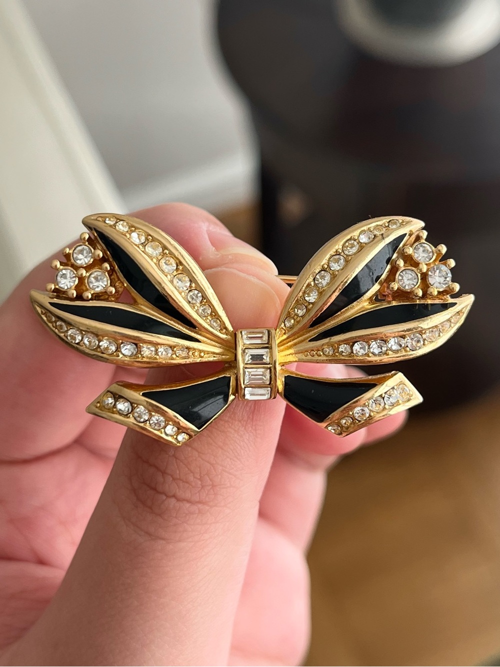 Vintage Grossé (Dior) Bow Tie Ribbon Knot Black Enamel Rhinestone Brooch Pin